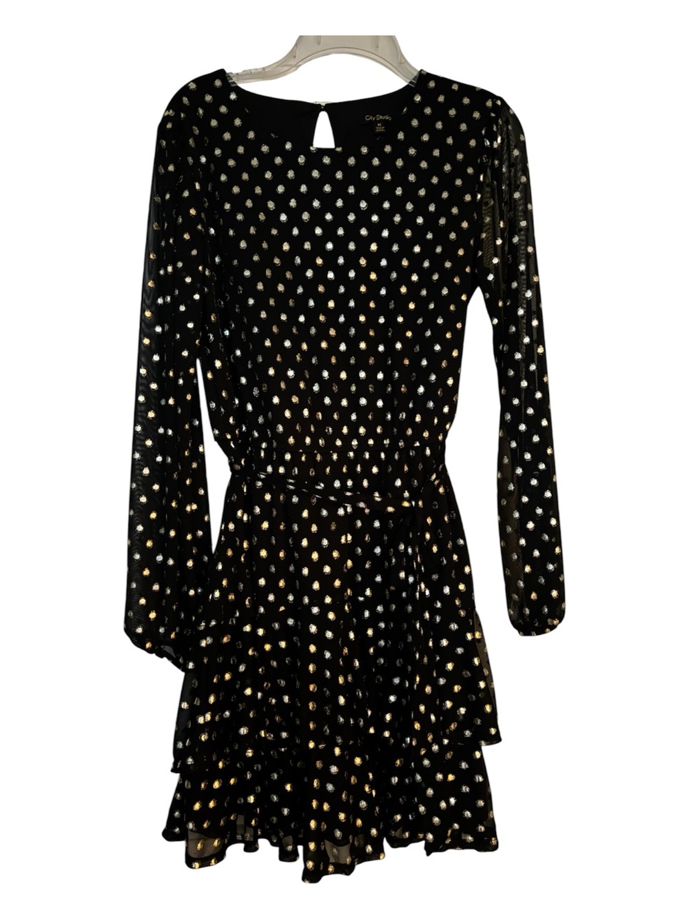 City Studio Black Long-Sleeve Ruffle Dress with Gold Dot Accents